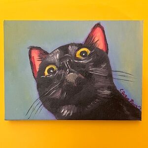 Black Kitty Cat Original Oil Painting Silly Funny Impressionism Halloween Spooky